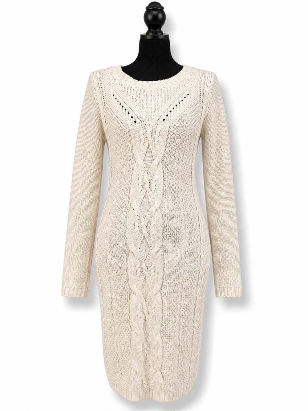PINK ROSE Ivory/Cream Long Sleeve Knee Length Textured Midi Sweater Dress S NWOT